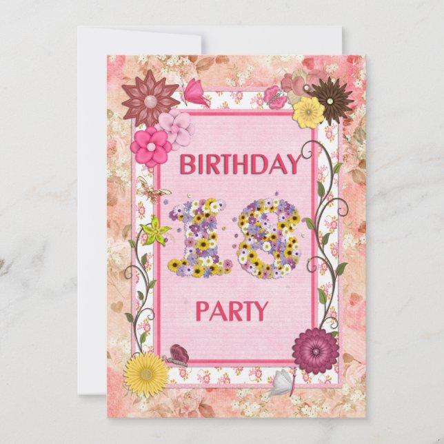 18e anniversaire invitation fête avec cadre fleuri (Devant)