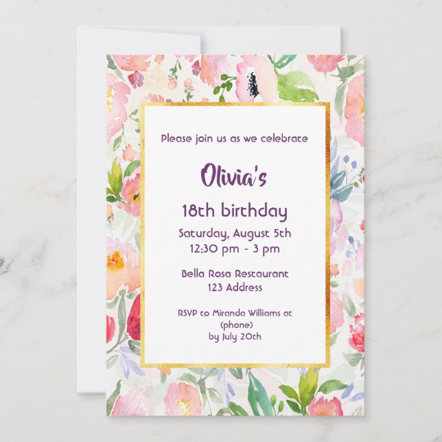 18e anniversaire invitation fleurs roses blanc (Devant)