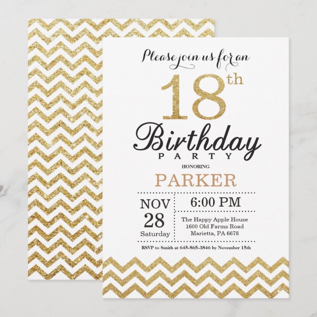 18e anniversaire Invitation Gold Parties scintilla (Devant / Derrière)