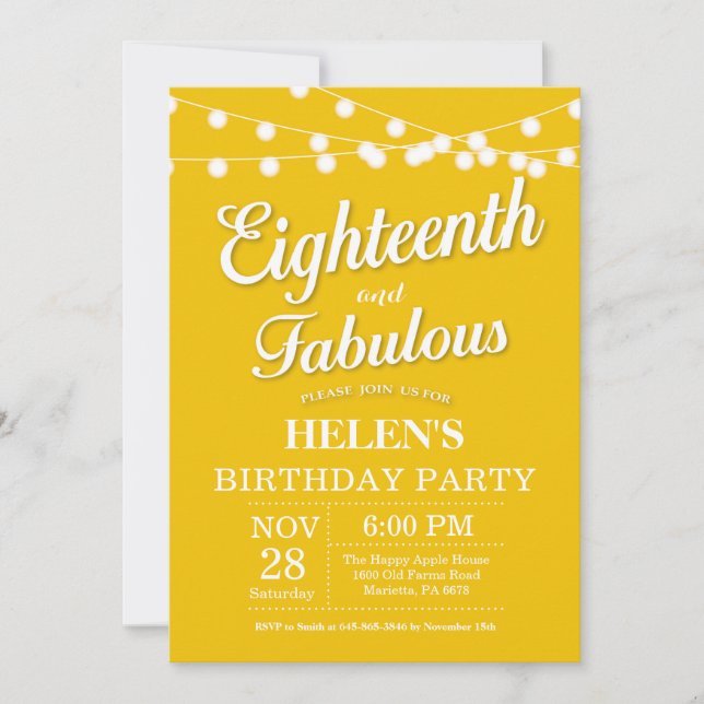 18e anniversaire Invitation Jaune Fabuleux (Devant)