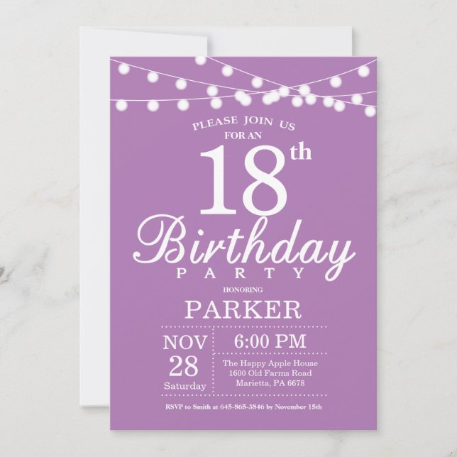 18e anniversaire Invitation Lavande violette Lilac (Devant)