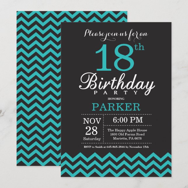 18e anniversaire Invitation Noir et Turquoise (Devant / Derrière)