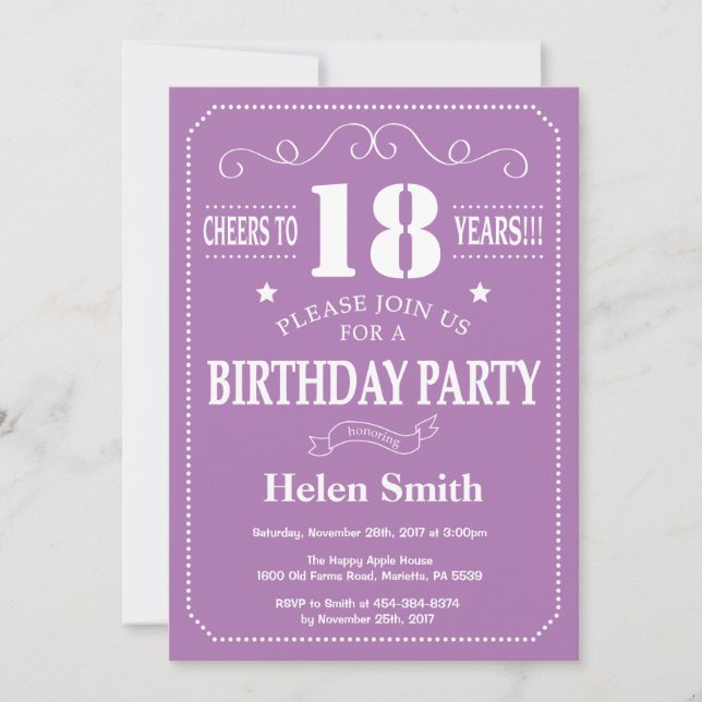 18e anniversaire Invitation violet et blanc (Devant)
