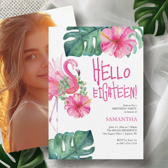 18e anniversaire Invitations Aquarelles tropicales (18th birthday invitations watercolor pink flamingo and palm leaves Victoria Grigaliunas DoTellABelle)