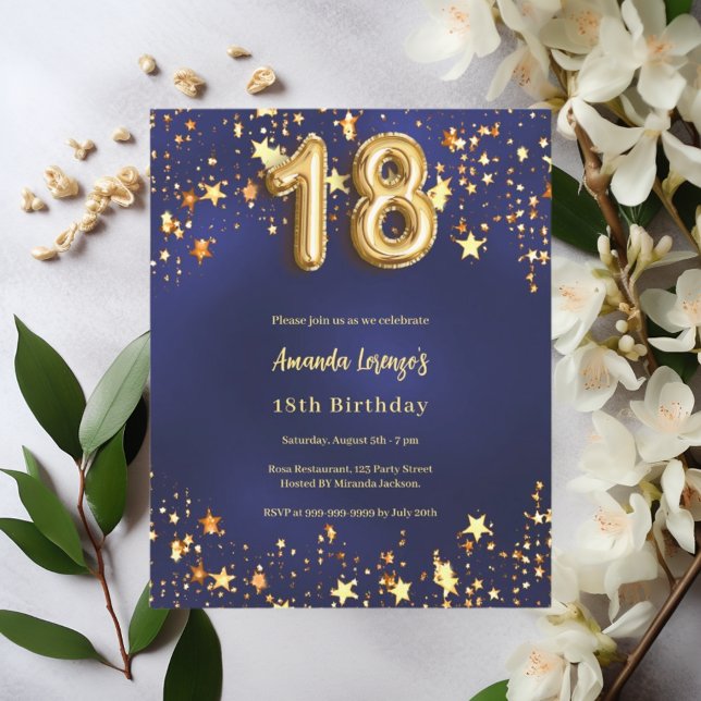 18e anniversaire marine bleu or étoiles invitation (Créateur téléchargé)