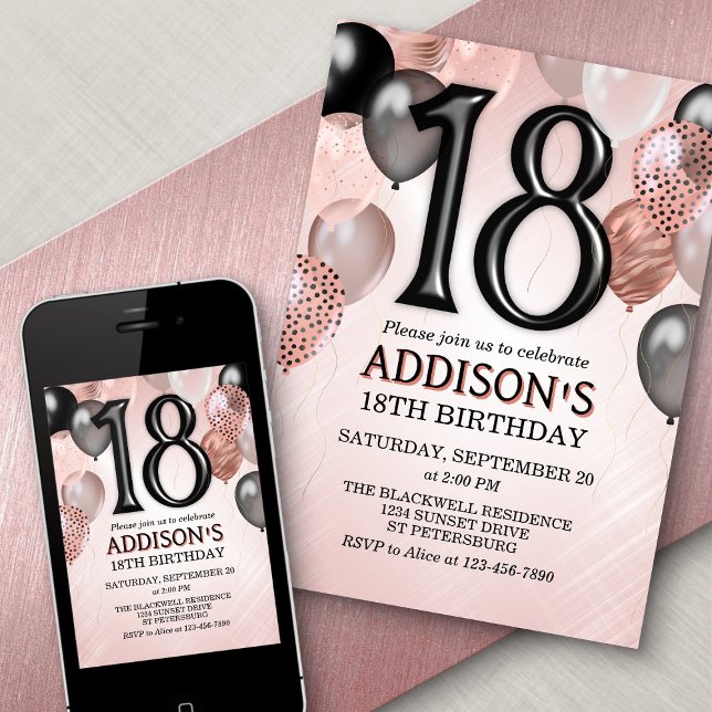 18e anniversaire Rose Gold Ballons Invitation (Créateur téléchargé)