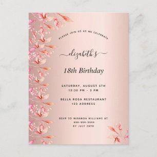18e anniversaire rose or rose invitation florale