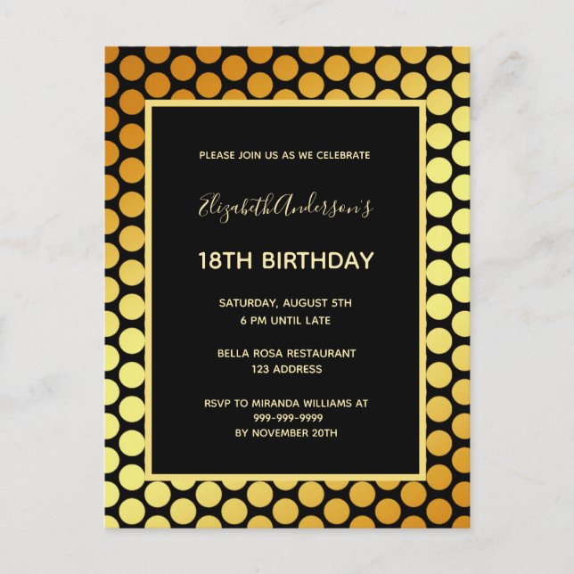 18ème anniversaire fête dots d'or noir invitation (Devant)