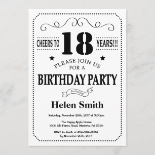 18ème Invitation d'anniversaire noire et blanche