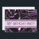 18èmes cartes d'invitation de fête d'anniversaire<br><div class="desc">Invitations pour la 18ème fête d'anniversaire d'une fille avec la conception tourbillonnante pourpre et noire élégante,  élégantes et assez,  entièrement personnalisable avec vos détails de partie.</div>