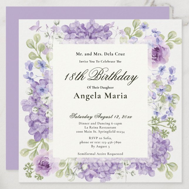18th Birthday Invitation Elegant Purple Flowers (Créateur téléchargé)
