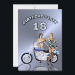 18th Birthday party Invitation with a motorbike<br><div class="desc">Two lovely ladies standing beside a motorbike. A great card for the man who likes to ride!</div>