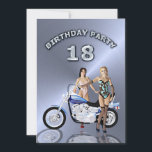 18th Birthday party Invitation with a motorbike<br><div class="desc">Two lovely ladies standing beside a motorbike. A great card for the man who likes to ride!</div>