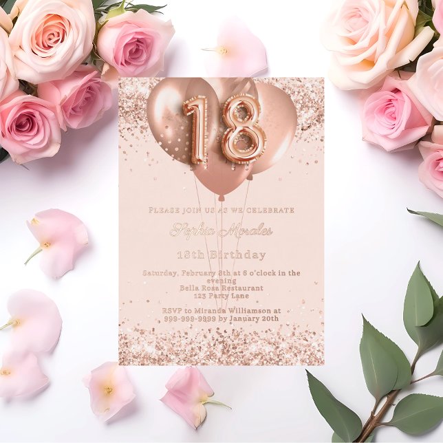 18th birthday rose gold balloons invitation (Créateur téléchargé)