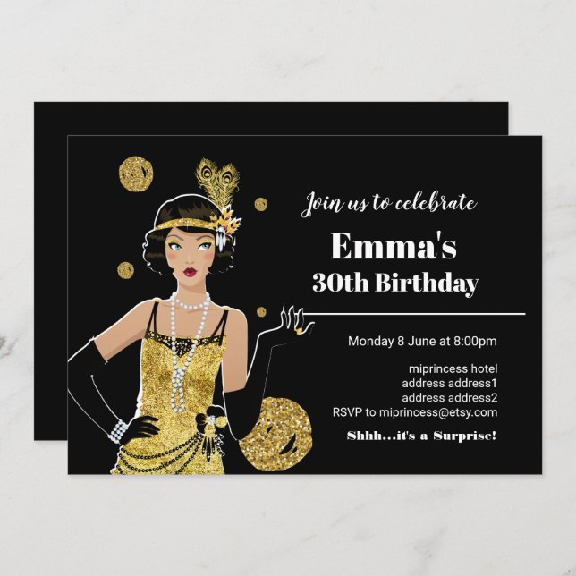 1920 invitation flapper girl, fête d'anniversaire (Devant / Derrière)