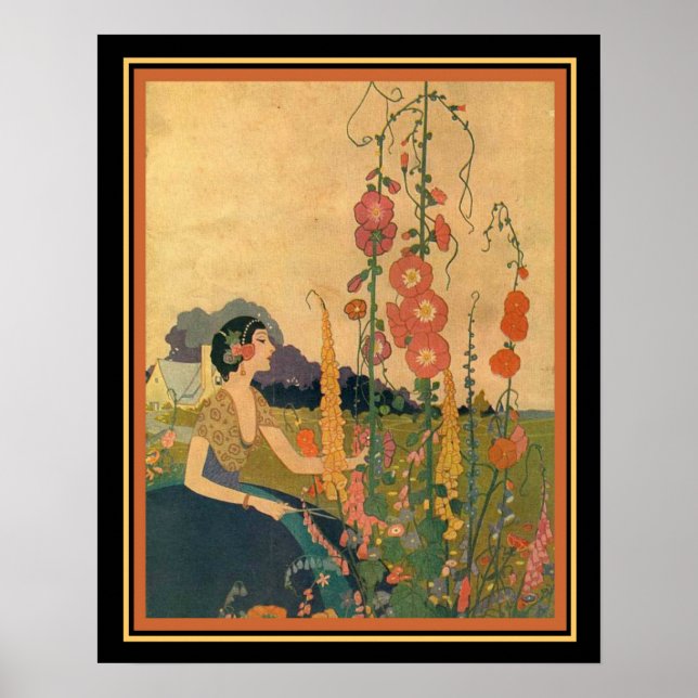 1930 Déco Imprimer "Girl in a Flower Garden" 16 x  (Devant)