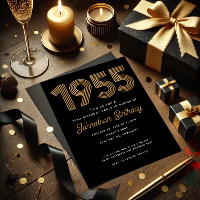 1955 Black Faux Gold 70e anniversaire Invitation (1955 Black Faux Gold 70th Birthday Invitation. Celebrate turning 70 in style! Modern & simple design)