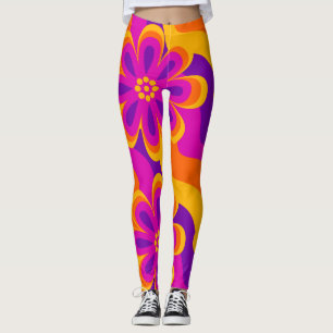 1960s 1970s Style Flowers & Waves Leggings Motifs