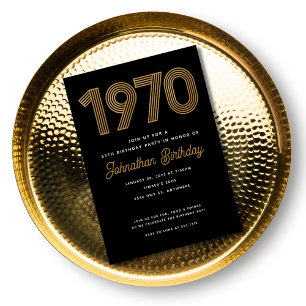 1970 Black Faux Gold 50th Birthday Invitation