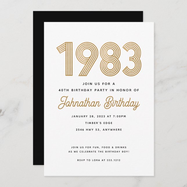 1983 White Black Gold 40th Birthday Invitation (Devant / Derrière)