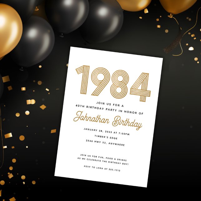 1984 White Black Gold 40th Birthday Invitation (Créateur téléchargé)