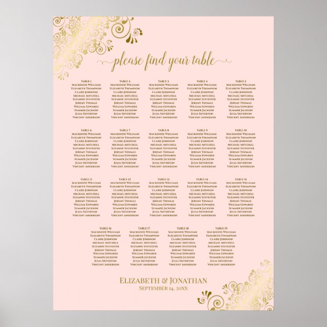 19 Tableau Blush Pink & Gold Mariage Seating Chart (Devant)