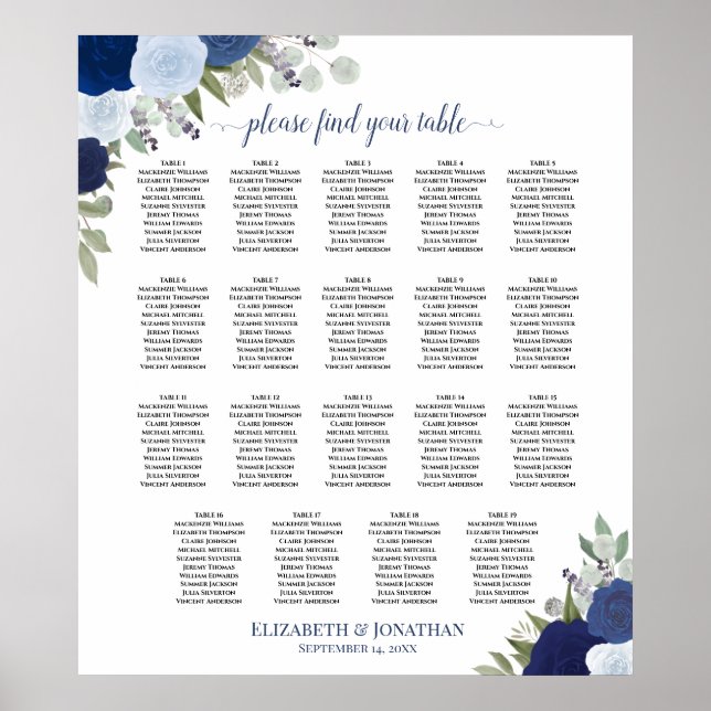19 Tableau Dusty Blue & Navy Floral Seating Chart (Devant)