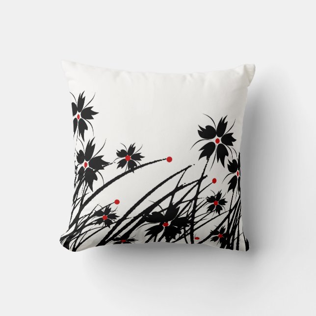 1 Coussin Carré Floral Rouge Noir Blanc (Recto)