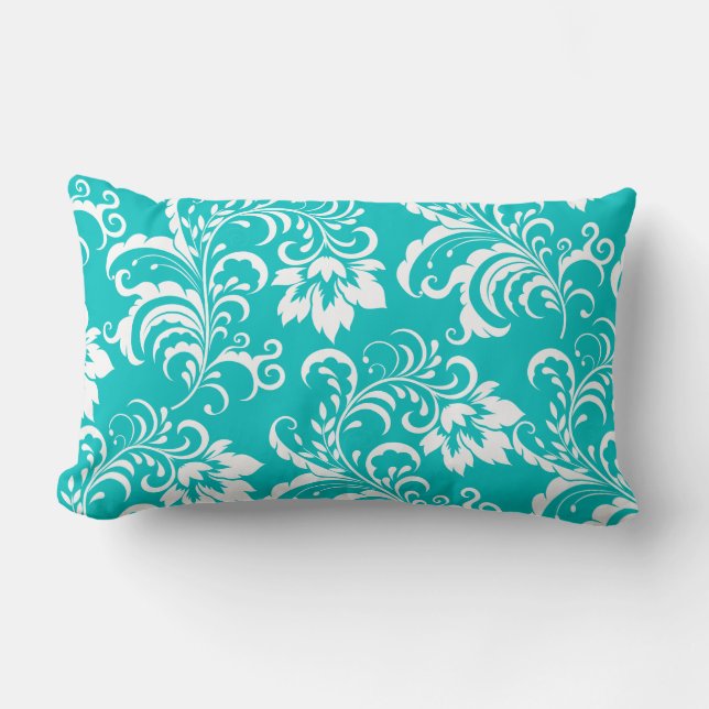 1 Coussin Turquoise Bleu Blanc Damas Floral (Recto)