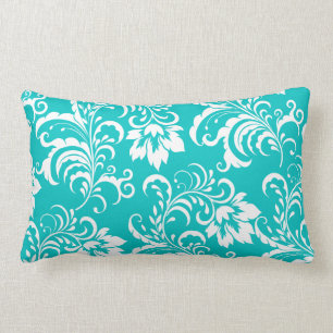 1 Coussin Turquoise Bleu Blanc Damas Floral
