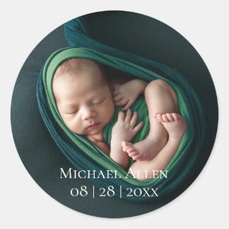 1 Photo Bébé Annonce Naissance Autocollant Rond