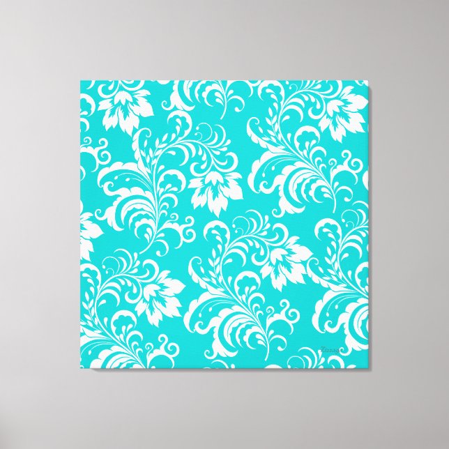 1 Toile Bleu sarcelle Blanc Damassé Floral (Recto)