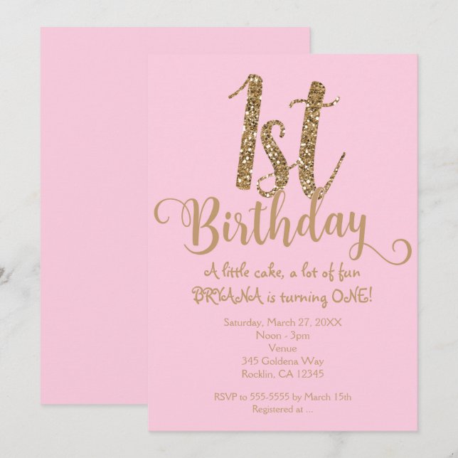 1ER ANNIVERSAIRE 1 Invitations de fête rose et or (Devant / Derrière)