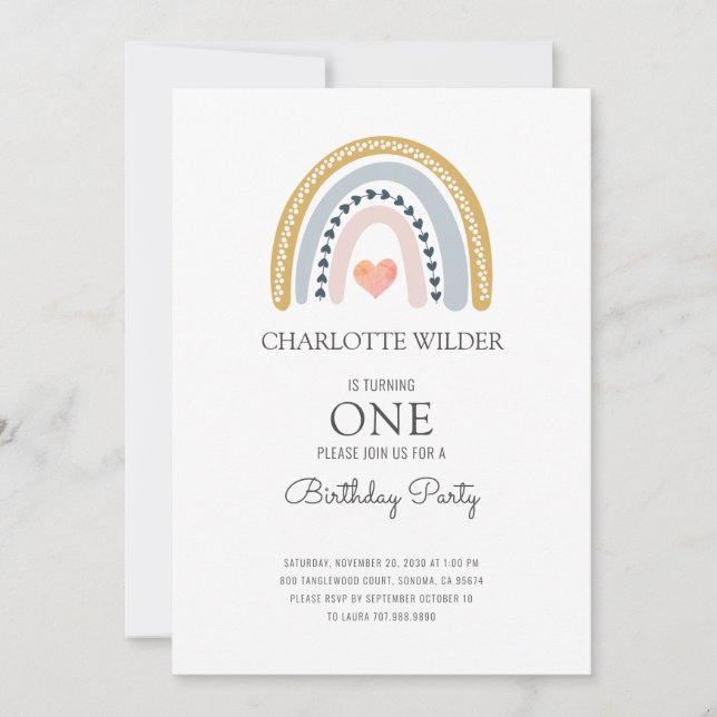 1er anniversaire aquarelle Rainbow Invitation (Devant)