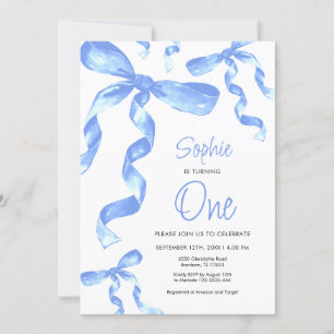1er anniversaire Bleu Bow Invitation