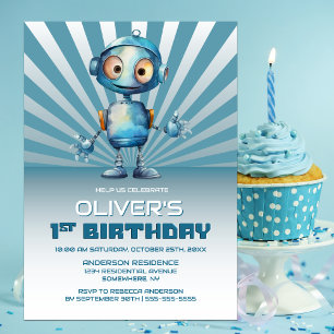 1er Anniversaire Blue Robot Theme Party Invitation