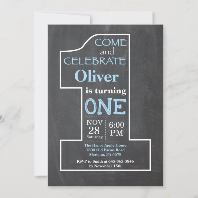 1er anniversaire Boy Blue Chalkboard Invitation (Devant)