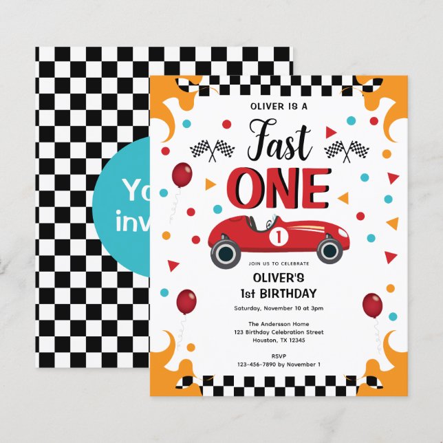 1er anniversaire Boy's Racing Car Party Invitation (Devant / Derrière)