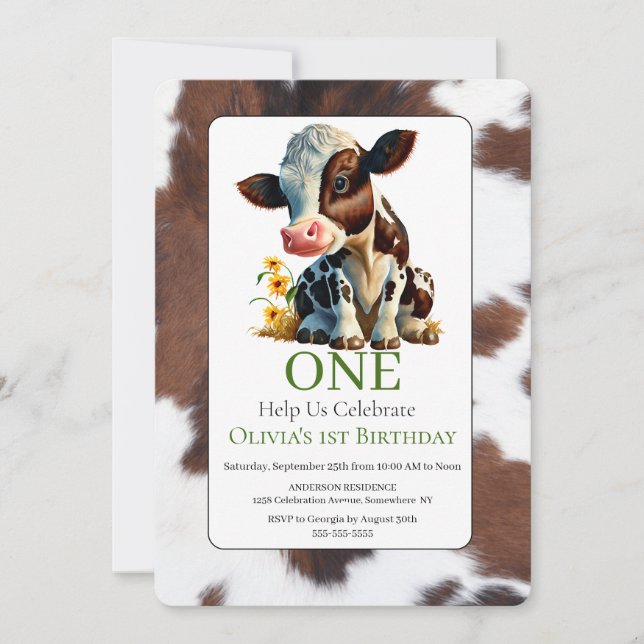 1er Anniversaire Cute Baby Cow Invitation (Devant)