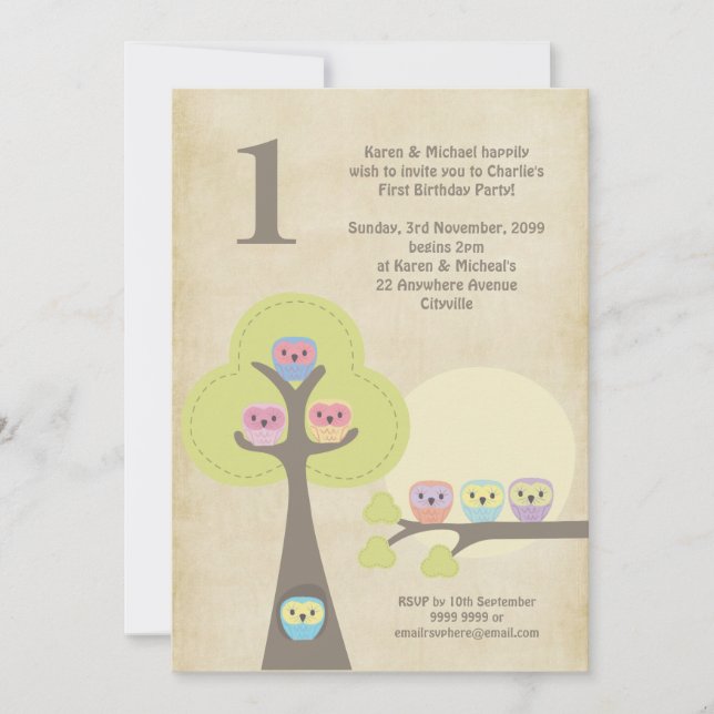1er anniversaire de la soirée Owls Cute Invitation (Devant)