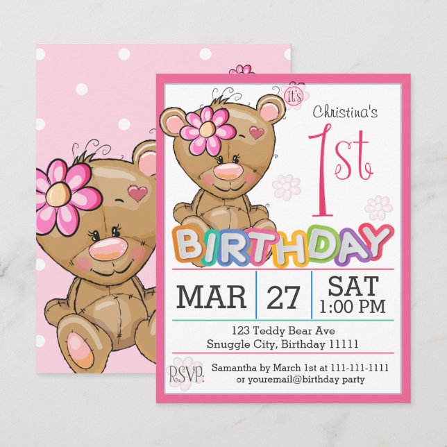 1er anniversaire fête Teddy Bear Invitation (Devant / Derrière)