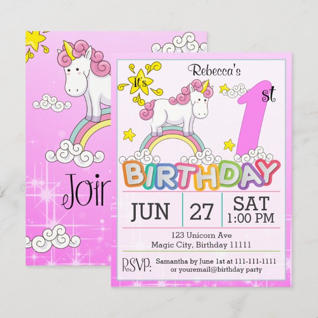 1er anniversaire fête Unicorn Invitation (Devant / Derrière)