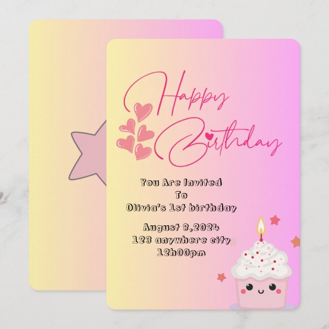 1er anniversaire filles invitation en rose (Devant / Derrière)