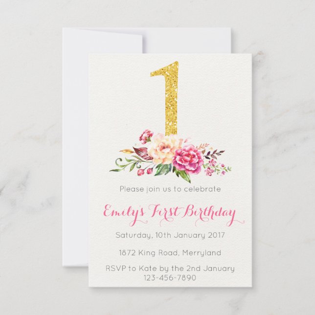 1er Anniversaire First Pink Gold Floral Invitation (Devant)