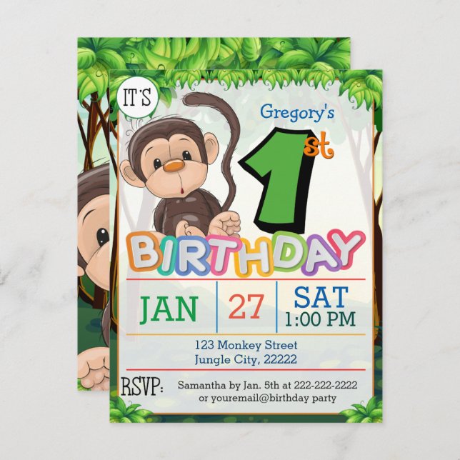 1er anniversaire Invitation au singe (Devant / Derrière)