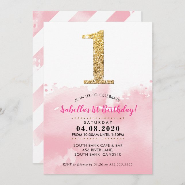 1ER ANNIVERSAIRE INVITATION or moderne parties sci (Devant / Derrière)