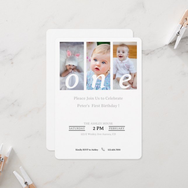 1er Anniversaire Invitation Photo Boy, Inviation d (Devant/Arrière en situation)
