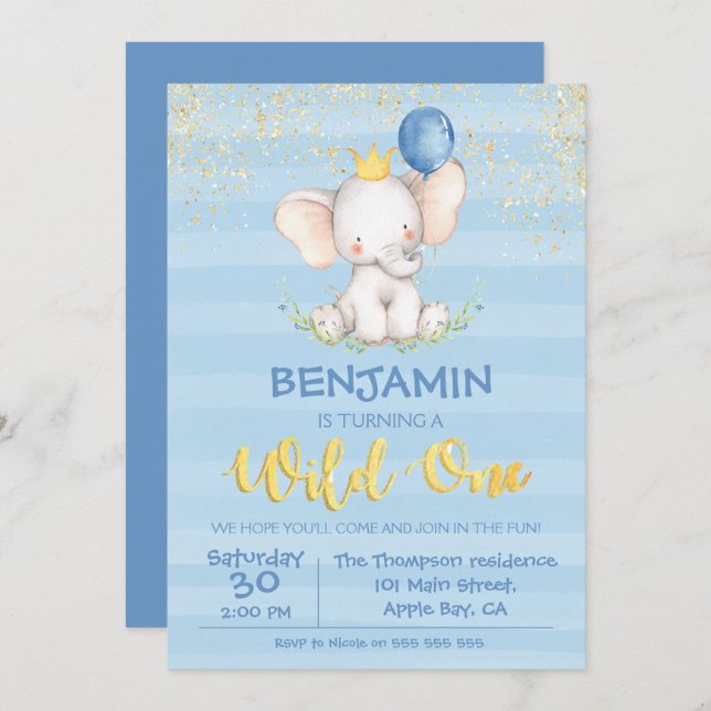 1er anniversaire Invitations | Baby Elephant Boy (Devant / Derrière)