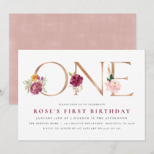 1er anniversaire Invitations   Or Rose floral
