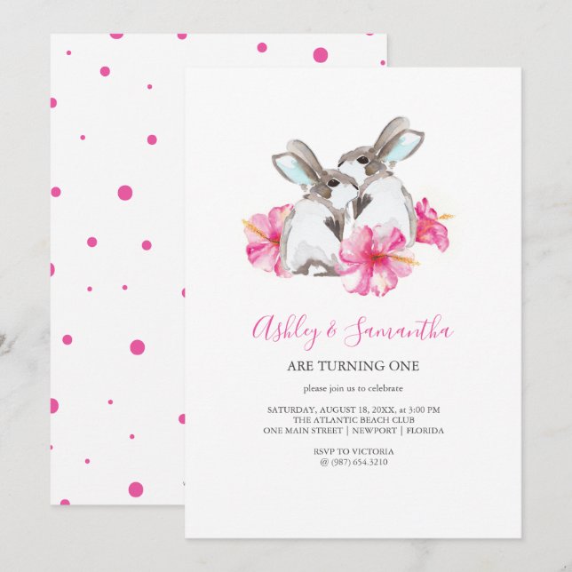 1er Anniversaire Invitations Twins Girl Pink Woodl (Devant / Derrière)